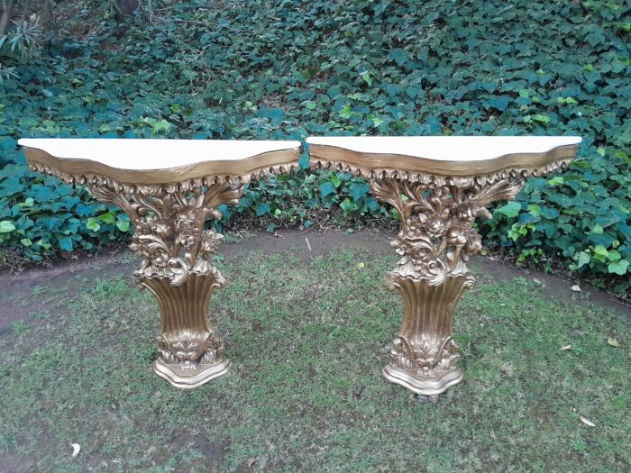 A Pair of Large French Style Carved and Gilded Wall Sconces Or Console Tables with Cream Marble Tops - Image 2