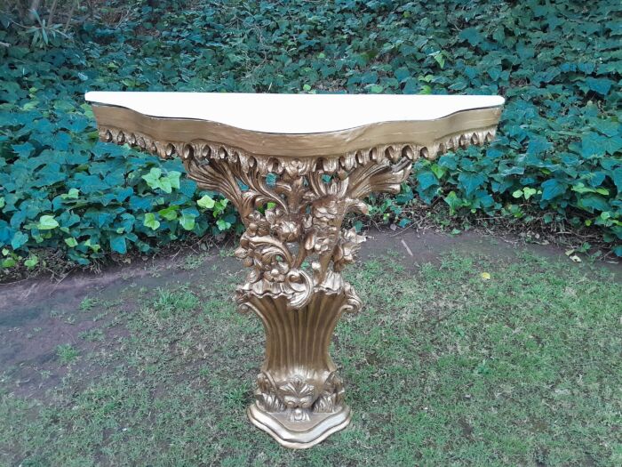 A Pair of Large French Style Carved and Gilded Wall Sconces Or Console Tables with Cream Marble Tops - Image 4