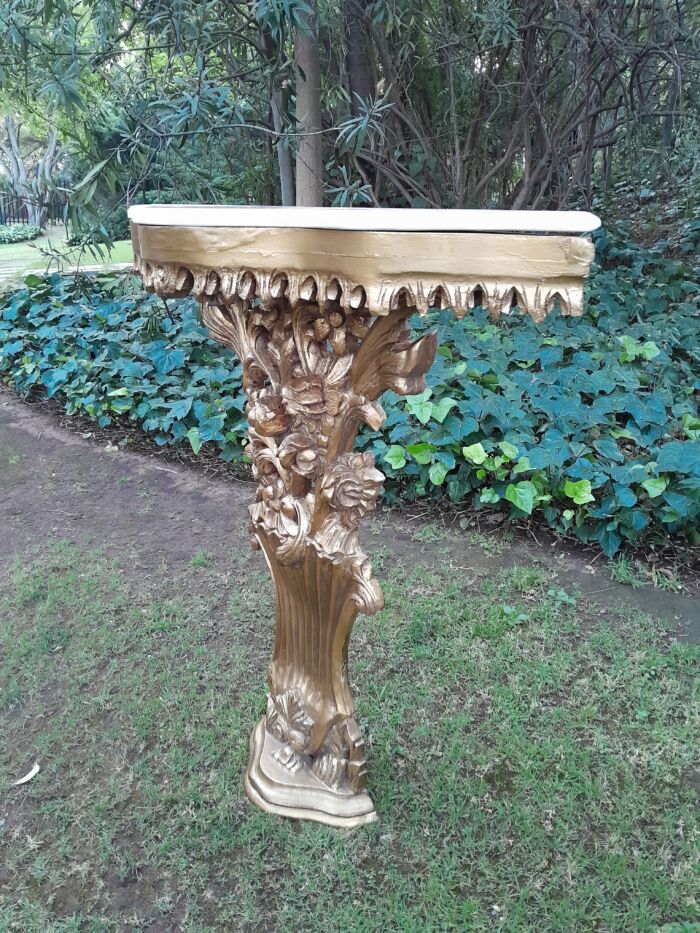 A Pair of Large French Style Carved and Gilded Wall Sconces Or Console Tables with Cream Marble Tops - Image 6