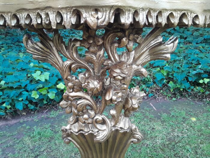 A Pair of Large French Style Carved and Gilded Wall Sconces Or Console Tables with Cream Marble Tops - Image 9