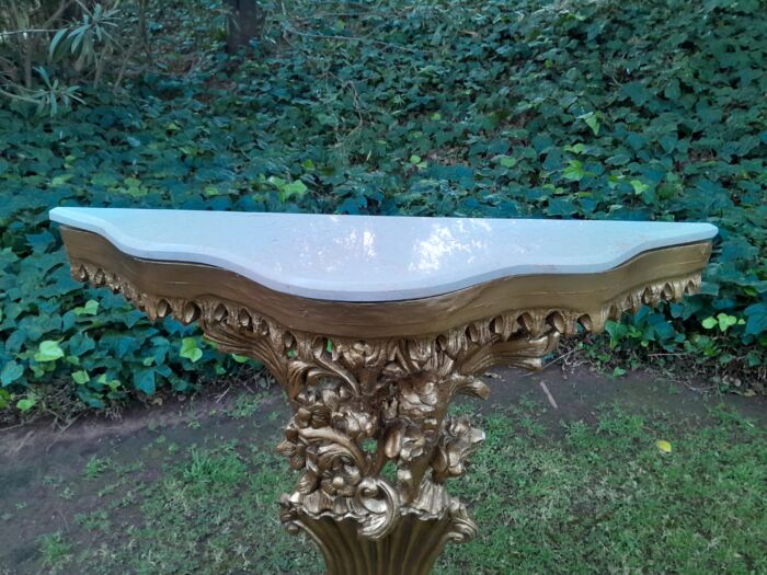 A Pair of Large French Style Carved and Gilded Wall Sconces Or Console Tables with Cream Marble Tops - Image 8