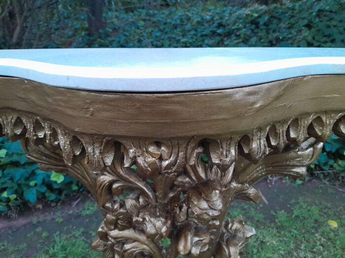 A Pair of Large French Style Carved and Gilded Wall Sconces Or Console Tables with Cream Marble Tops - Image 7