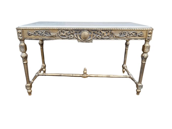 A 20th Century Ornately Carved and Hand-Gilded Console Table with Cream Marble Top