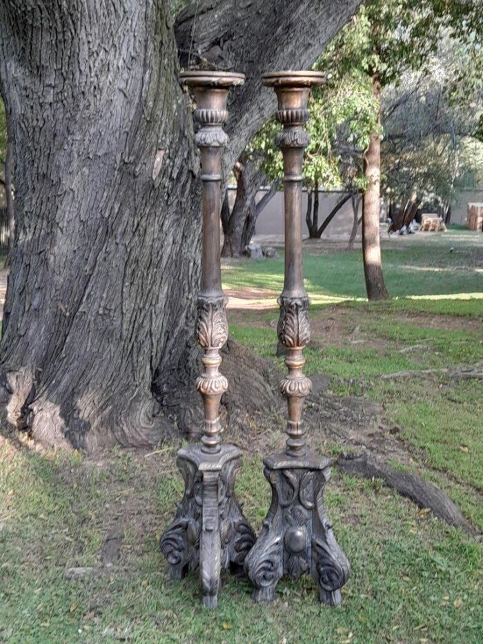 A Pair of French Style Carved and Gilded Floor or Table Candle Holders - Image 2