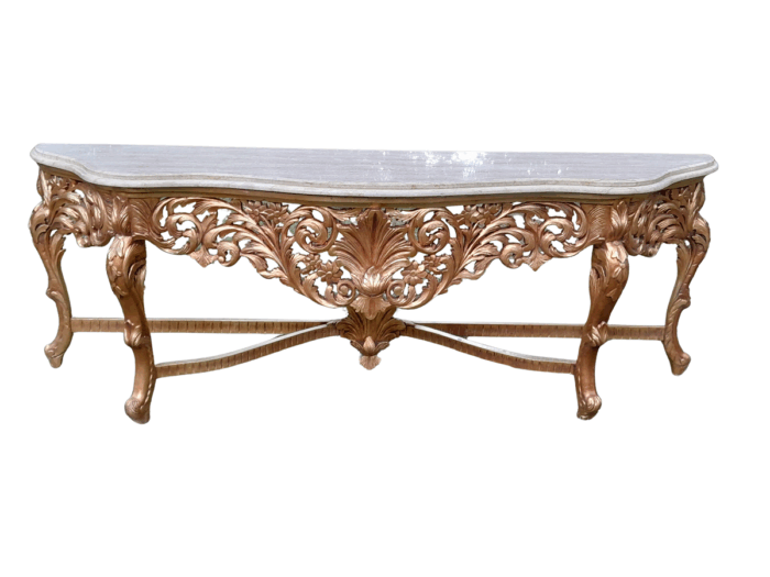 A 20th Century Ornately Carved and Hand-Gilded Console Table of Large Proportion with Cream Marble Top