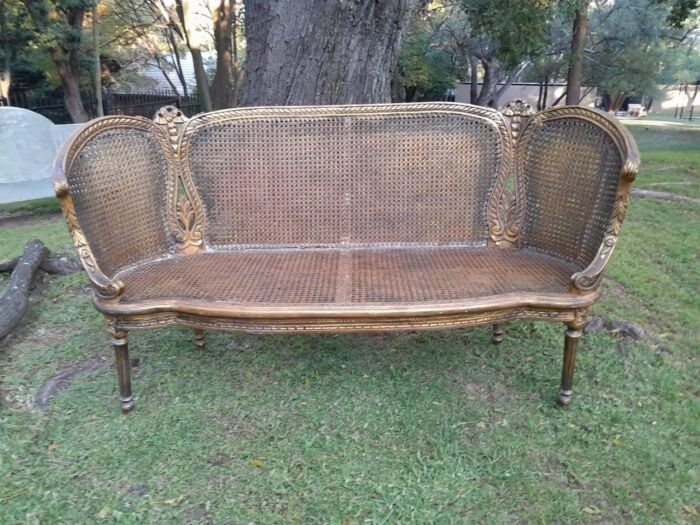 A French Louis XVI Style Carved and Giltwood Rattan Settee - Image 2