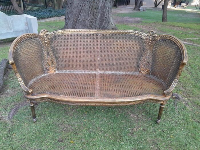 A French Louis XVI Style Carved and Giltwood Rattan Settee - Image 3
