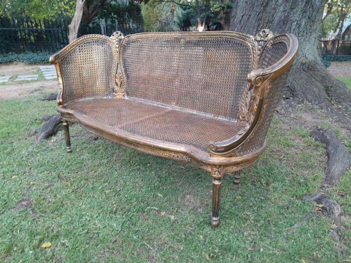 A French Louis XVI Style Carved and Giltwood Rattan Settee - Image 4