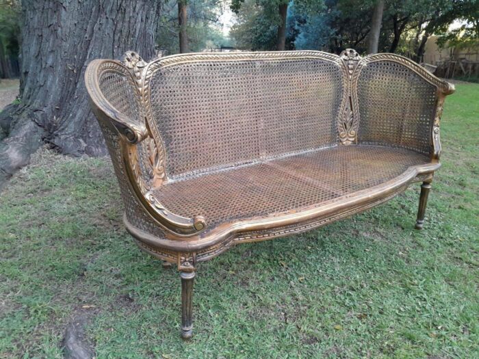 A French Louis XVI Style Carved and Giltwood Rattan Settee - Image 5