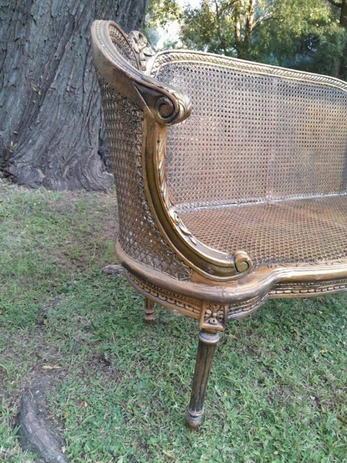 A French Louis XVI Style Carved and Giltwood Rattan Settee - Image 6