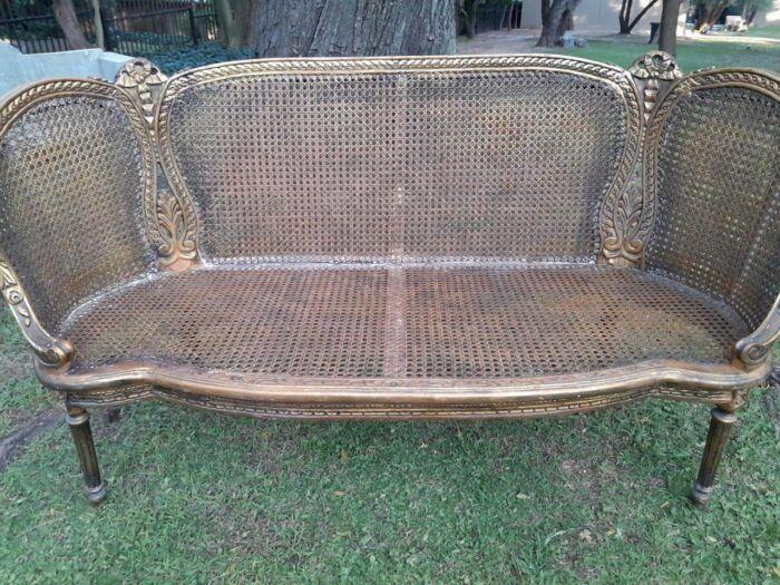 A French Louis XVI Style Carved and Giltwood Rattan Settee - Image 8