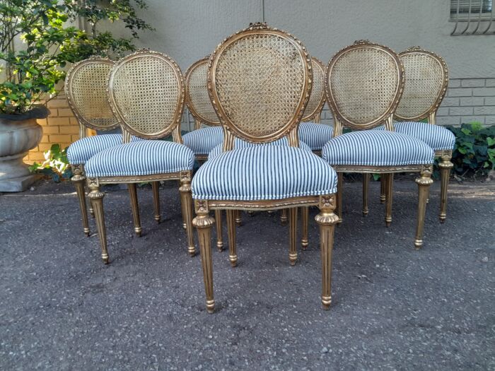 A Set of Eight French Style Carved Balloon and Rattan Back Chairs Upholstered in a Contemporary Fabric - Image 2