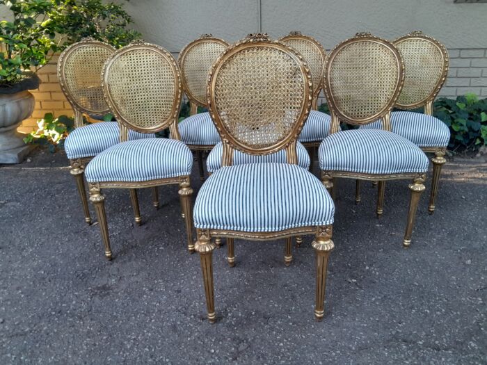 A Set of Eight French Style Carved Balloon and Rattan Back Chairs Upholstered in a Contemporary Fabric - Image 3