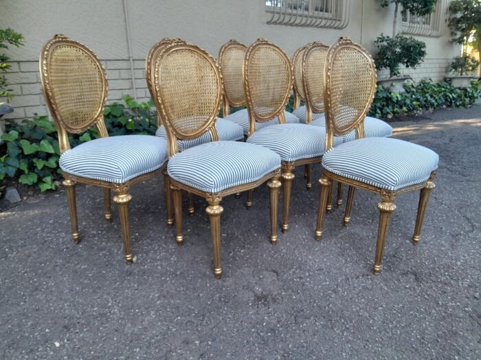 A Set of Eight French Style Carved Balloon and Rattan Back Chairs Upholstered in a Contemporary Fabric - Image 4