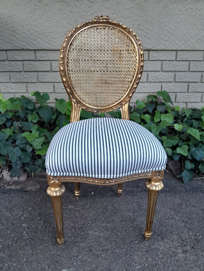 A Set of Eight French Style Carved Balloon and Rattan Back Chairs Upholstered in a Contemporary Fabric - Image 6