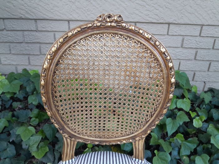 A Set of Eight French Style Carved Balloon and Rattan Back Chairs Upholstered in a Contemporary Fabric - Image 7