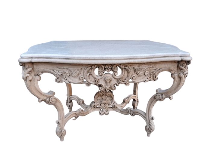 A 19th Century Ornately Carved Rococo Style Table with Marble Top in a Contemporary Bleached / Natural Finish