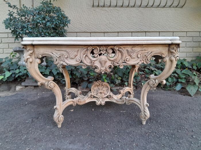 A 19th Century Ornately Carved Rococo Style Table with Marble Top in a Contemporary Bleached / Natural Finish - Image 2