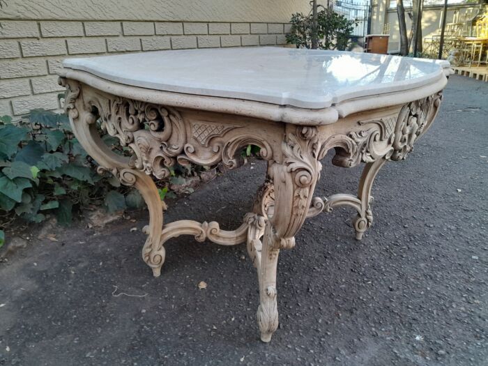 A 19th Century Ornately Carved Rococo Style Table with Marble Top in a Contemporary Bleached / Natural Finish - Image 7