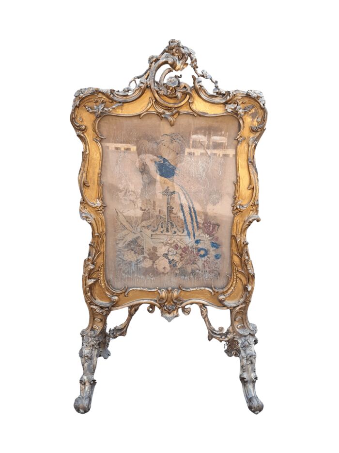 A 20TH Century French Louis XV Style Ornately Carved Giltwood Fire Screen With Tapestry