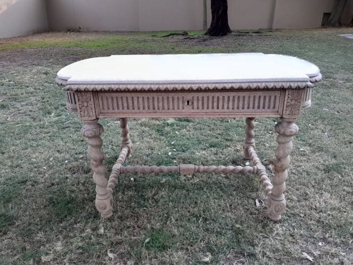 An Antique 20th Century French  Ornately Carved Console / Drinks Table with Drawer in a Contemporary Bleached Finish with Marble Top - Image 2