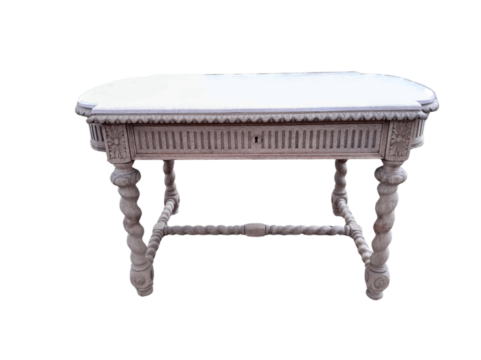 An Antique 20th Century French  Ornately Carved Console / Drinks Table with Drawer in a Contemporary Bleached Finish with Marble Top