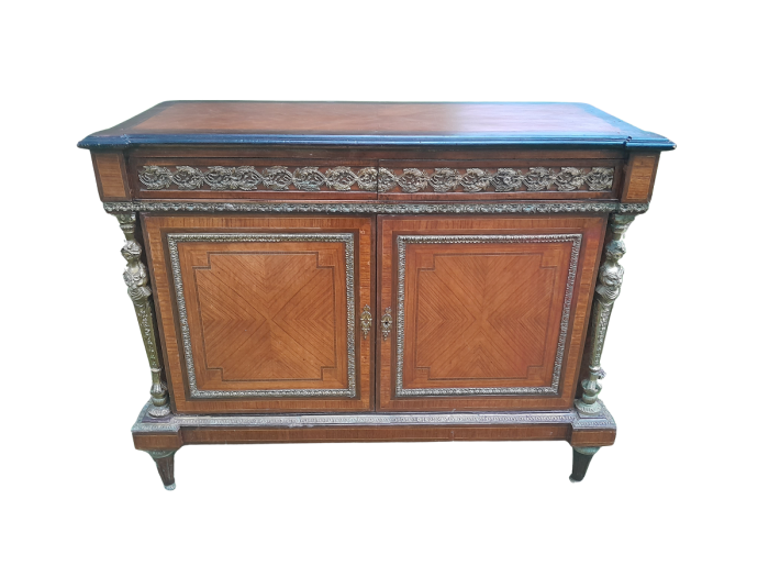 A 20th Century French Style Mahogany & Walnut Server  /  Sideboard  /  Cabinet  /  Drinks Table with Ormolu Mounts and a Cream Marble Top
