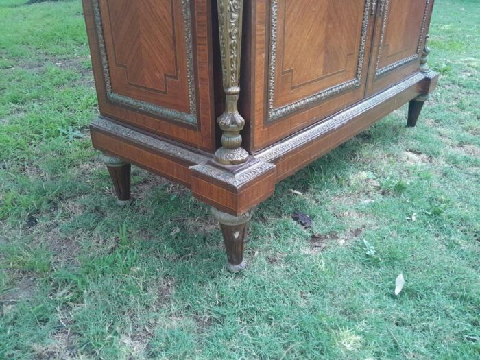 A 20th Century French Style Mahogany & Walnut Server  /  Sideboard  /  Cabinet  /  Drinks Table with Ormolu Mounts and a Cream Marble Top - Image 6