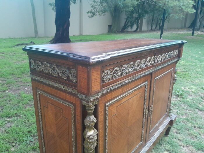 A 20th Century French Style Mahogany & Walnut Server  /  Sideboard  /  Cabinet  /  Drinks Table with Ormolu Mounts and a Cream Marble Top - Image 7