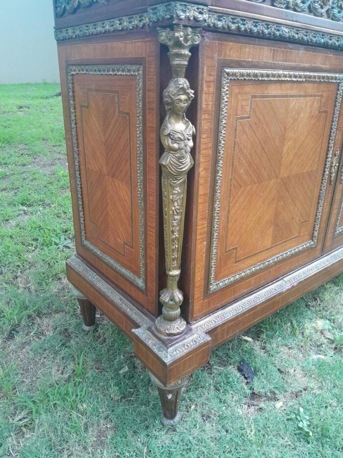 A 20th Century French Style Mahogany & Walnut Server  /  Sideboard  /  Cabinet  /  Drinks Table with Ormolu Mounts and a Cream Marble Top - Image 8