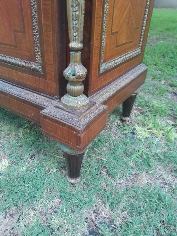 A 20th Century French Style Mahogany & Walnut Server  /  Sideboard  /  Cabinet  /  Drinks Table with Ormolu Mounts and a Cream Marble Top - Image 10