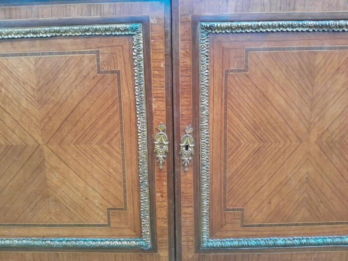A 20th Century French Style Mahogany & Walnut Server  /  Sideboard  /  Cabinet  /  Drinks Table with Ormolu Mounts and a Cream Marble Top - Image 11