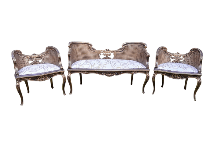 A 20TH Century French Louis XVI Style Giltwood Rattan Settee and Two Matching Bergere Chairs Upholstered in a Custom-made Fabric for The Crown Collection