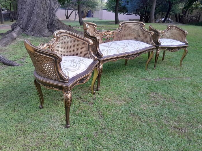 A 20TH Century French Louis XVI Style Giltwood Rattan Settee and Two Matching Bergere Chairs Upholstered in a Custom-made Fabric for The Crown Collection - Image 6