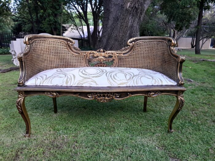 A 20TH Century French Louis XVI Style Giltwood Rattan Settee and Two Matching Bergere Chairs Upholstered in a Custom-made Fabric for The Crown Collection - Image 7