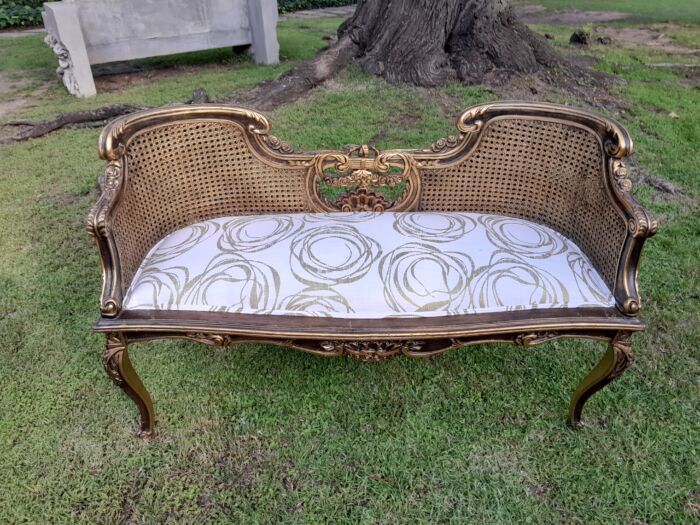 A 20TH Century French Louis XVI Style Giltwood Rattan Settee and Two Matching Bergere Chairs Upholstered in a Custom-made Fabric for The Crown Collection - Image 8
