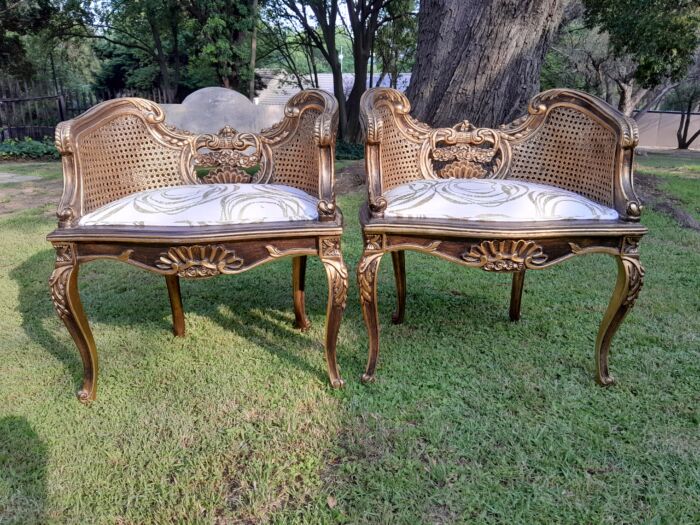 A 20TH Century French Louis XVI Style Giltwood Rattan Settee and Two Matching Bergere Chairs Upholstered in a Custom-made Fabric for The Crown Collection - Image 9
