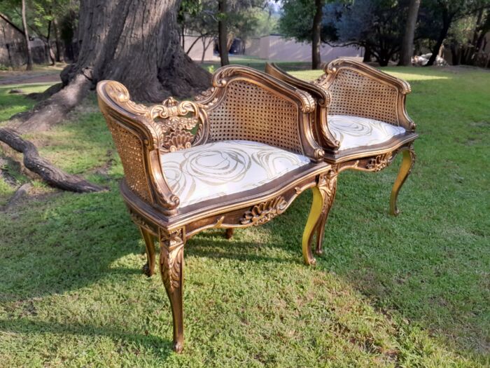 A 20TH Century French Louis XVI Style Giltwood Rattan Settee and Two Matching Bergere Chairs Upholstered in a Custom-made Fabric for The Crown Collection - Image 10
