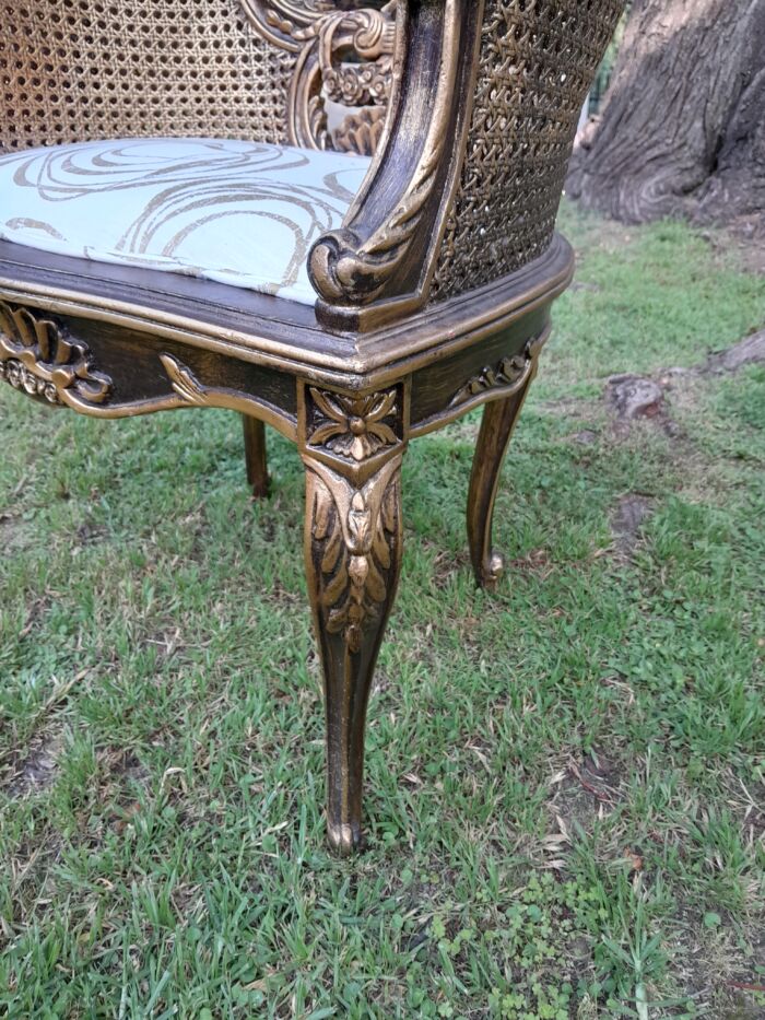 A 20TH Century French Louis XVI Style Giltwood Rattan Settee and Two Matching Bergere Chairs Upholstered in a Custom-made Fabric for The Crown Collection - Image 13