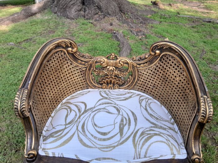 A 20TH Century French Louis XVI Style Giltwood Rattan Settee and Two Matching Bergere Chairs Upholstered in a Custom-made Fabric for The Crown Collection - Image 11