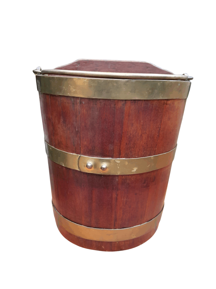 An Antique 20th Century Wooden and Brass Bound Water Balie with Swing Handle and Lid ND