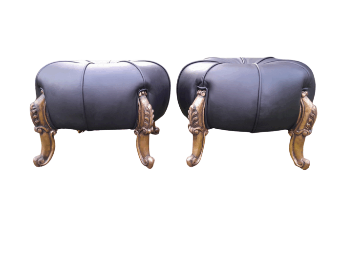 A Pair Of French Style Hand-Gilded Ottomans / Tuffets In Leather