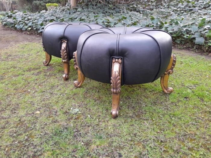 A Pair Of French Style Hand-Gilded Ottomans / Tuffets In Leather - Image 4