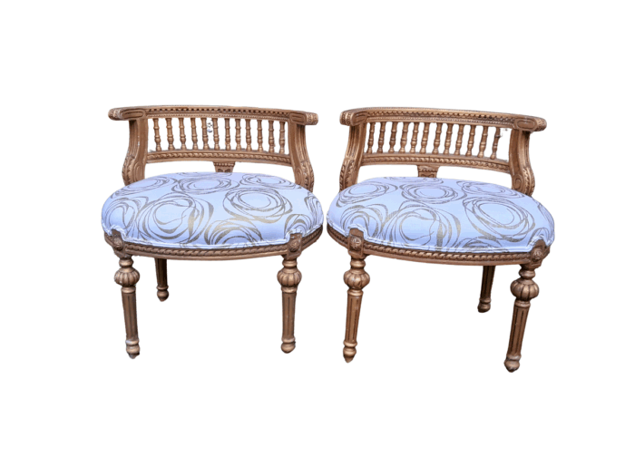 A Pair of French Louis XVI Style Curved Back Vanity Chairs / Accent Stools / Side Chairs / Stools / Ottomans (A)