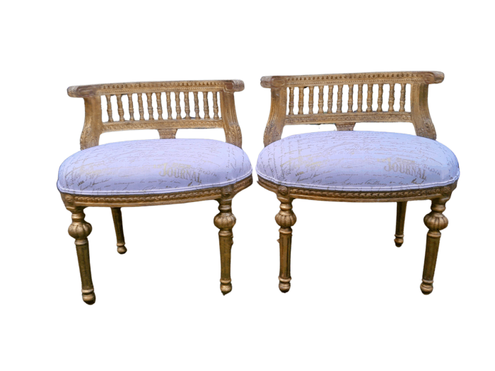 A Pair of French Louis XVI Style Curved Back Vanity Chairs / Accent Stools / Side Chairs / Stools / Ottomans (C)