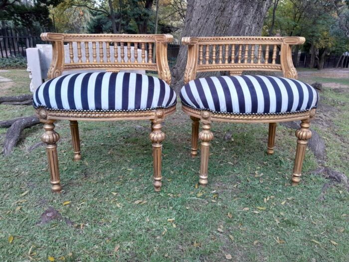A Pair of French Louis XVI Style Curved Back Vanity Chairs / Accent Stools / Side Chairs / Stools / Ottomans - Image 8
