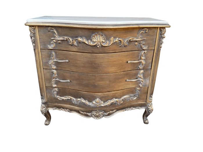 A French Style Ornate and Gilded Chest of Drawers with Marble Top
