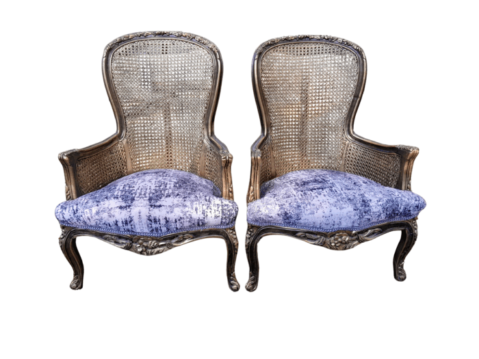 A 20th Century Pair of French Style Gilt Wood Rattan Arm Chairs