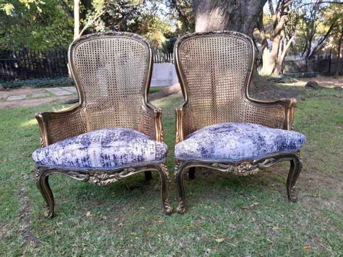 A 20th Century Pair of French Style Gilt Wood Rattan Arm Chairs - Image 2