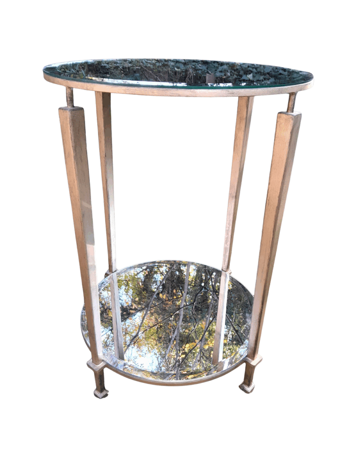 A Custom-made Gilt Metal / Wrought Iron Circulate Table / Side Table / Bedside Table with Two Bevelled Mirrors on Top and Bottom